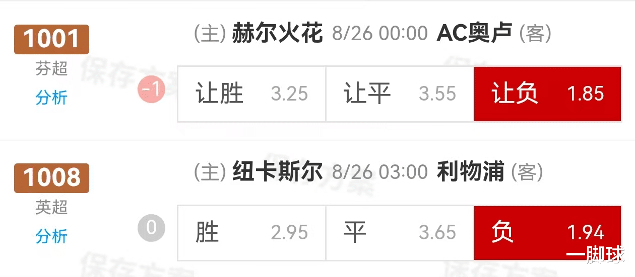 {一脚球}竞彩推荐：赫尔辛基火花VSAC奥卢纽卡斯尔联VS利物浦